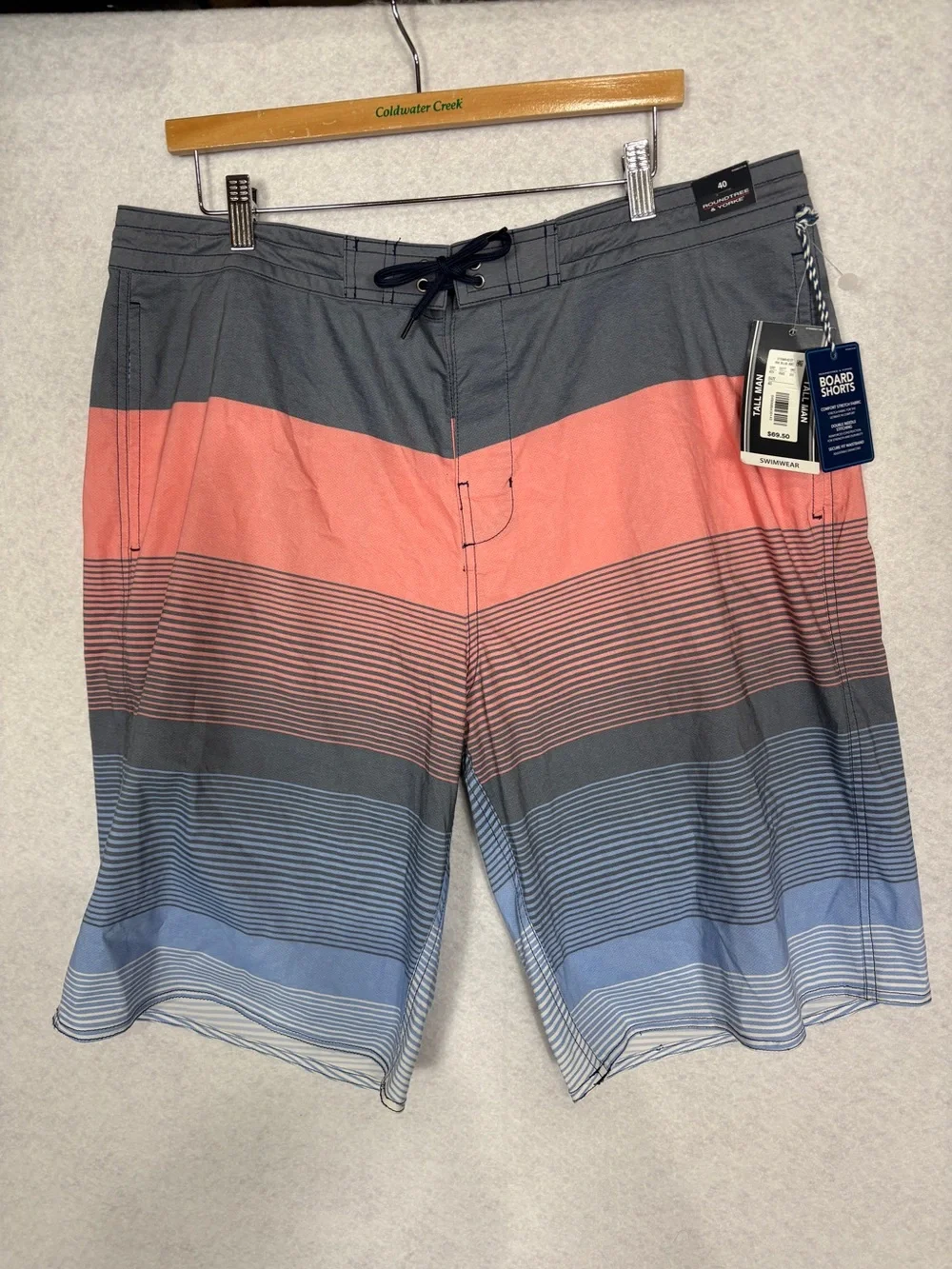 Roundtree & Yorke Coral, Slate and Blue Stripe Board Shorts Swimwear Tall Man